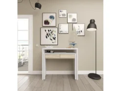Table Console Billings, Bureau Avec Plateau Extensible, Bureau PC Avec 2 Tiroirs, 99x36h88 Cm, Blanc Et Chêne 7 Table Console Billings, Bureau Avec Plateau Extensible, Bureau PC Avec 2 Tiroirs, 99x36h88 Cm, Blanc Et Chêne -Meubles Soldes Magasin console 22755165