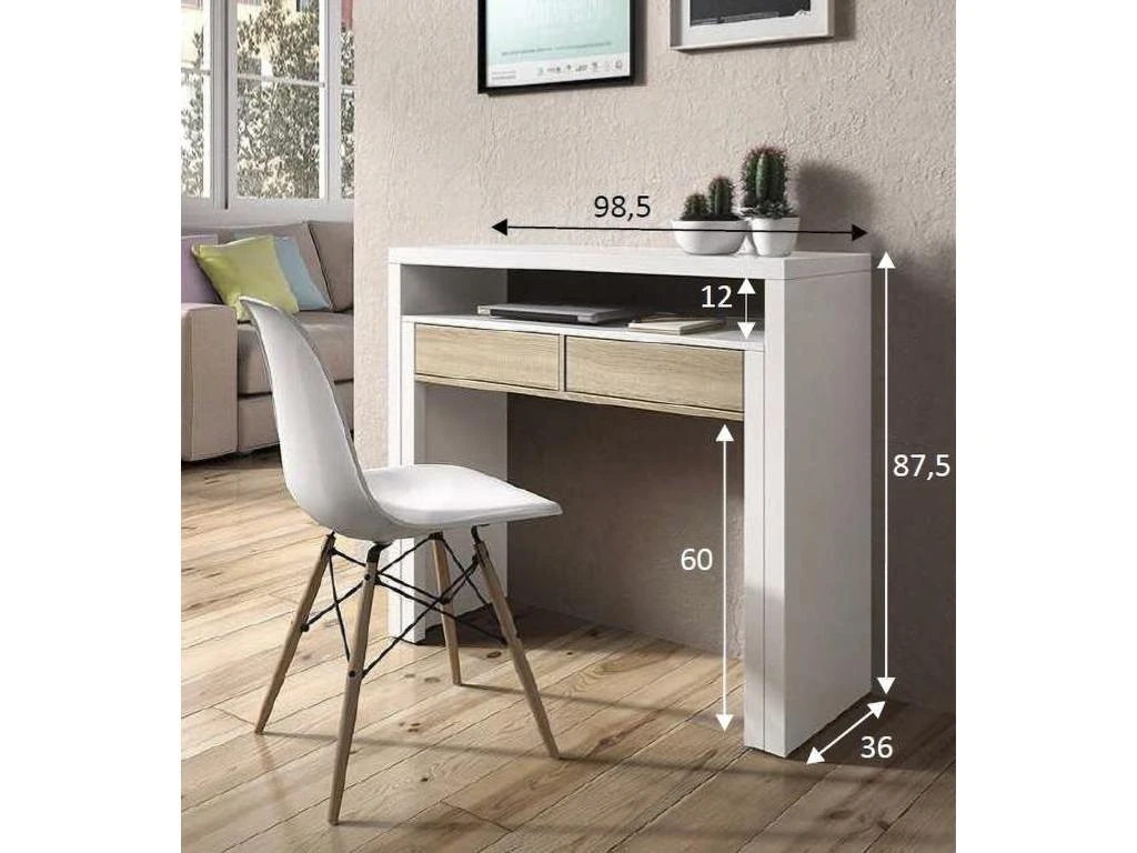 Table Console Billings, Bureau Avec Plateau Extensible, Bureau PC Avec 2 Tiroirs, 99x36h88 Cm, Blanc Et Chêne 5 Table Console Billings, Bureau Avec Plateau Extensible, Bureau PC Avec 2 Tiroirs, 99x36h88 Cm, Blanc Et Chêne – Image 5