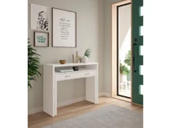 Table Console Billings, Bureau Avec Plateau Extensible, Bureau PC Avec 2 Tiroirs, 99x36h88 Cm, Blanc -Meubles Soldes Magasin console 22755179