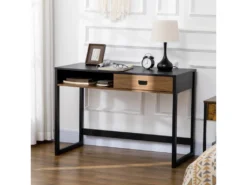 Bureau Style Industriel Casier Tiroir Coulissant Panneaux MDF Noir Aspect Noyer