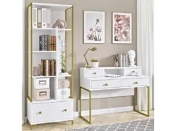 Ensemble De 2 Meubles De Bureau. Console Et étagère Collection DOUGLAS Coloris Blanc Et Doré