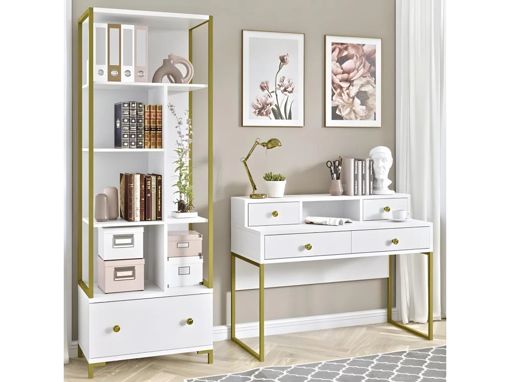 Bureau Console Avec 4 Tiroirs Collection DOUGLAS Coloris Blanc Et Doré 5 Bureau Console Avec 4 Tiroirs Collection DOUGLAS Coloris Blanc Et Doré – Image 5