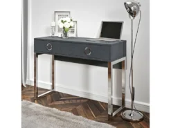 Bureau Console Avec 2 Tiroirs Collection MELTON Coloris Gris, Pieds En Fer Chromés.