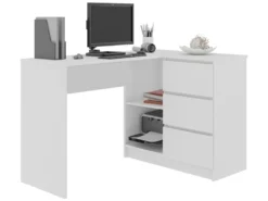 SUNDAR - Bureau Informatique D'angle - 124x85x77cm - 3 Tiroirs + 2 Grandes Niches - Table D'ordinateur Multi-rangements