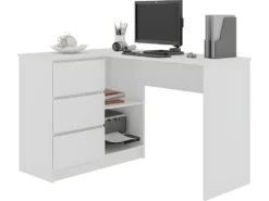 SUNDAR - Bureau Informatique D'angle - 124x85x77cm - 3 Tiroirs + 2 Niches - Table D'ordinateur Multi-rangements