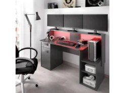 Bureau Gaming Table De Jeu Coloris graphite Avec LED - Longueur 153,5 x Profondeur 62-68.5 x Hauteur 84.2-97 cm -Meubles Soldes Magasin meuble bureau 10041593