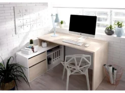 Bureau Angulaire Coloris naturel/blanc Brillant - Longueur 139 X Profondeur 92 X Hauteur 75 Cm -Meubles Soldes Magasin meuble bureau 10045795