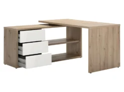 Bureau D'angle 139 Cm Finition Chêne Et Blanc Laqué 3 Tiroirs - ETHEL -Meubles Soldes Magasin meuble bureau 12339391