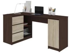 BALAUR | Bureau Informatique D'angle Contemporain 155x85x77 Cm | 3 Tiroirs + Niches | Table Ordinateur Multi-rangements