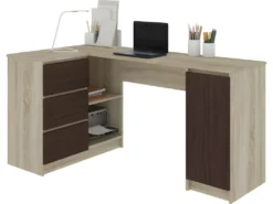 BALAUR | Bureau Informatique D'angle Style Moderne 155x85x77 Cm | 3 Tiroirs + Grandes Niches | Table Ordinateur Multi-rangements