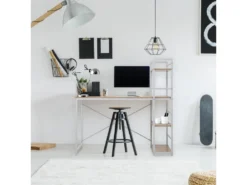 Table Bureau PC Avec Bibliothèque Blanc Beige Bois Métal Moderne