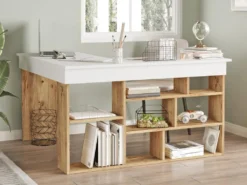 Bureau D'angle Avec Rangements - Coloris : Blanc Et Naturel - LILEUL