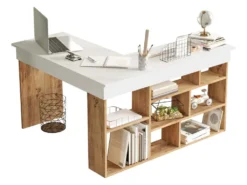 Bureau D'angle Avec Rangements - Coloris : Blanc Et Naturel - LILEUL 15 Bureau D'angle Avec Rangements - Coloris : Blanc Et Naturel - LILEUL -Meubles Soldes Magasin meuble bureau 12697643