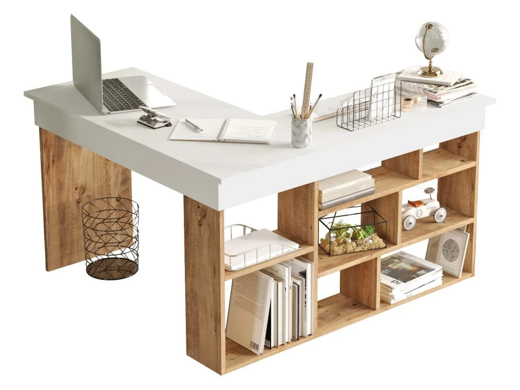 Bureau D'angle Avec Rangements - Coloris : Blanc Et Naturel - LILEUL 6 Bureau D'angle Avec Rangements - Coloris : Blanc Et Naturel - LILEUL – Image 6