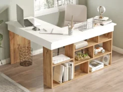 Bureau D'angle Avec Rangements - Coloris : Blanc Et Naturel - LILEUL 13 Bureau D'angle Avec Rangements - Coloris : Blanc Et Naturel - LILEUL -Meubles Soldes Magasin meuble bureau 12697651