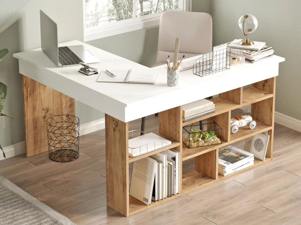 Bureau D'angle Avec Rangements - Coloris : Blanc Et Naturel - LILEUL 4 Bureau D'angle Avec Rangements - Coloris : Blanc Et Naturel - LILEUL – Image 4