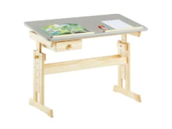 Bureau Enfant FLEXI Table à Dessin Réglable En Hauteur Et Pupitre Inclinable Avec 1 Tiroir, En Pin Massif Vernis Naturel Et Gris