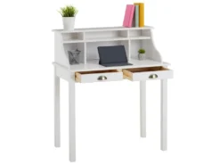 Bureau Secrétaire MARLENE Avec Rangement Sur Plusieurs étagères Et 2 Tiroirs, En Pin Massif Lasuré Blanc -Meubles Soldes Magasin meuble bureau 12851091