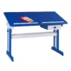 Bureau Enfant écolier Junior FLEXI Table à Dessin Réglable En Hauteur Et Pupitre Inclinable Avec 1 Tiroir En Pin Lasuré Blanc Bleu