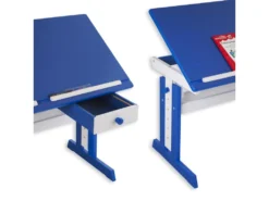Bureau Enfant écolier Junior FLEXI Table à Dessin Réglable En Hauteur Et Pupitre Inclinable Avec 1 Tiroir En Pin Lasuré Blanc Bleu -Meubles Soldes Magasin meuble bureau 12851181