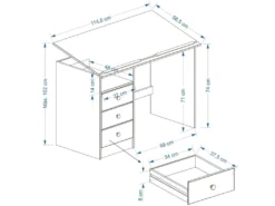 Bureau Enfant écolier Junior KEVIN Pupitre Inclinable Avec 3 Tiroirs 1 Casier En Pin Massif Lasuré Blanc Et Bleu -Meubles Soldes Magasin meuble bureau 12851233