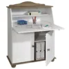 Bureau Secrétaire DAVID Avec Abattant Rangement Plusieurs étagères 2 Portes Plan De Travail Rabattable, En Pin Massif Taupe Et Blanc