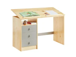 Bureau Enfant écolier Junior KEVIN Pupitre Inclinable Avec 3 Tiroirs 1 Casier En Pin Massif Vernis Naturel Et Lasuré Gris