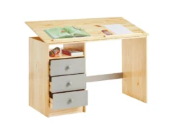 Bureau Enfant écolier Junior KEVIN Pupitre Inclinable Avec 3 Tiroirs 1 Casier En Pin Massif Vernis Naturel Et Lasuré Gris -Meubles Soldes Magasin meuble bureau 12851307