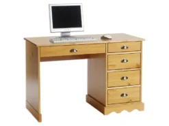 Bureau COLETTE Rangement Avec 5 Tiroirs Et Poignées Coquille, En Pin Massif Lasuré Couleur Miel