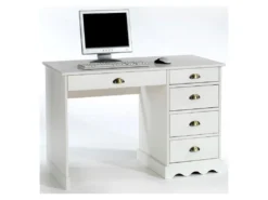 Bureau COLETTE Rangement Avec 5 Tiroirs Et Poignées Coquille, En Pin Massif Lasuré Blanc