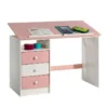 Bureau Enfant écolier Junior KEVIN Pupitre Inclinable Avec 3 Tiroirs 1 Casier En Pin Massif Lasuré Blanc Et Rose