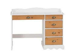 Bureau COLETTE Rangement Avec 5 Tiroirs Et Plateau Avec Corniche, En Pin Massif Lasuré Blanc Et Brun -Meubles Soldes Magasin meuble bureau 12851555