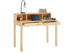 Bureau LENNOX Avec Rangement 2 Tiroirs Et 3 Niches, En Pin Massif Recouvert D'un Vernis Naturel -Meubles Soldes Magasin meuble bureau 12851599