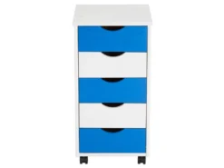 Caisson De Bureau LAGOS Meuble De Rangement Sur Roulettes Avec 5 Tiroirs, En Pin Massif Lasuré Blanc Et Bleu -Meubles Soldes Magasin meuble bureau 12852131