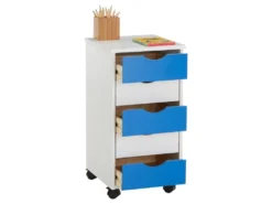 Caisson De Bureau LAGOS Meuble De Rangement Sur Roulettes Avec 5 Tiroirs, En Pin Massif Lasuré Blanc Et Bleu -Meubles Soldes Magasin meuble bureau 12852133