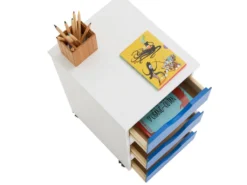 Caisson De Bureau LAGOS Meuble De Rangement Sur Roulettes Avec 5 Tiroirs, En Pin Massif Lasuré Blanc Et Bleu -Meubles Soldes Magasin meuble bureau 12852135