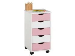 Caisson De Bureau LAGOS Meuble De Rangement Sur Roulettes Avec 5 Tiroirs, En Pin Massif Lasuré Blanc Et Rose