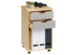 Caisson De Bureau KANO, Meuble De Rangement Sur Roulettes Avec 2 Tiroirs Et 1 Niche, En Pin Massif Naturel Et Gris -Meubles Soldes Magasin meuble bureau 12852507