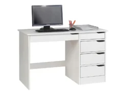Bureau HUGO Avec Rangement 5 Tiroirs Style Scandinave En Pin Massif Lasuré Blanc