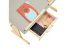 Bureau Enfant écolier Junior OLIVIA Table à Dessin Réglable En Hauteur Et Pupitre Inclinable, 2 Tiroirs En Pin Massif Naturel/gris -Meubles Soldes Magasin meuble bureau 14060235