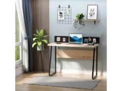 Bureau Secrétaire Style Industriel Dim. 110L X 48l X 90H Cm Châssis Métal Noir Plateau Support Panneaux Particules Chêne Clair