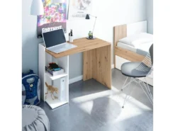 Bureau 2 Niches Réversibles Blanc/Chêne - AIKI - L 100 X L 52 X H 78 Cm -Meubles Soldes Magasin meuble bureau 20003247