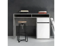 Plus Bureau Avec 1 Porte, 1 Tiroir Et 2 Tablettes De Rangement, Finition Béton/blanc Brillant. -Meubles Soldes Magasin meuble bureau 22084855