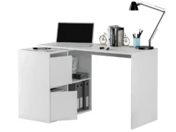 Bureau Divkovi, Bureau Modulable Avec étagère, Table D'étude Ou De Bureau Multi-positions Avec Assemblage D'angle, 152x49h74 Cm, Blanc