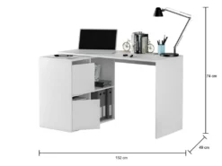 Bureau Divkovi, Bureau Modulable Avec étagère, Table D'étude Ou De Bureau Multi-positions Avec Assemblage D'angle, 152x49h74 Cm, Blanc -Meubles Soldes Magasin meuble bureau 22752459