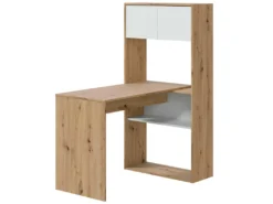 Bureau Dmangn, Bureau D'angle Réversible Avec Bibliothèque, Table D'étude Ou De Bureau Multiposition, 108x70h140 Cm, Nœuds Blancs Et Chêne