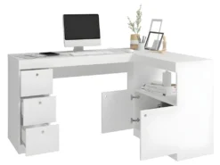 Bureau D'Angle Blanc Caisson 3 Tiroirs Et Armoirette