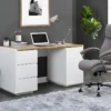 Bureau AMANI - 3 Tiroirs Et 1 Porte - MDF - Blanc Laqué Et Chêne