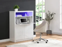 Secrétaire Avec 2 Portes - Avec LEDs - MDF - Blanc Lacqué - MELIONA