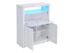Secrétaire Avec 2 Portes - Avec LEDs - MDF - Blanc Lacqué - MELIONA -Meubles Soldes Magasin meuble bureau 8437345
